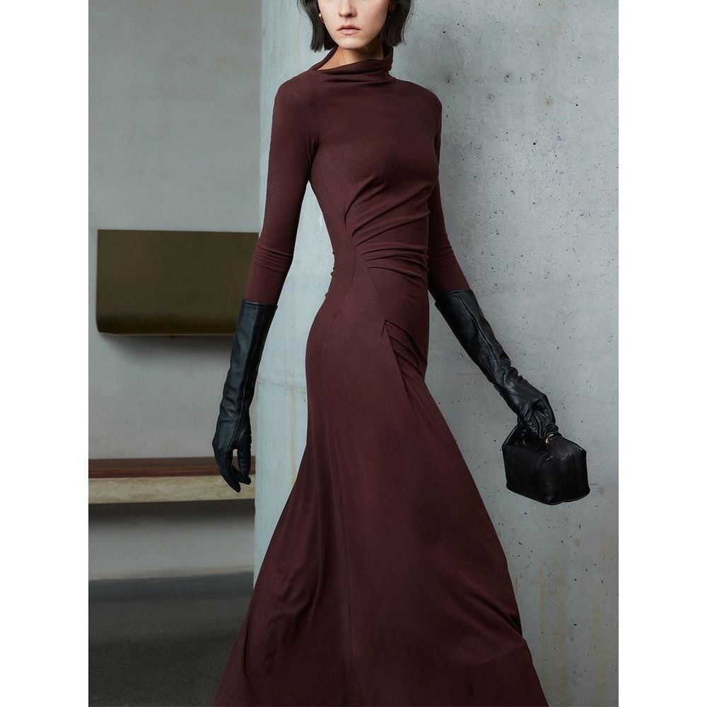 Commense Bodycon Asymmetrical Neck Long Sleeve Ruched Maxi Dress Burgundy XL